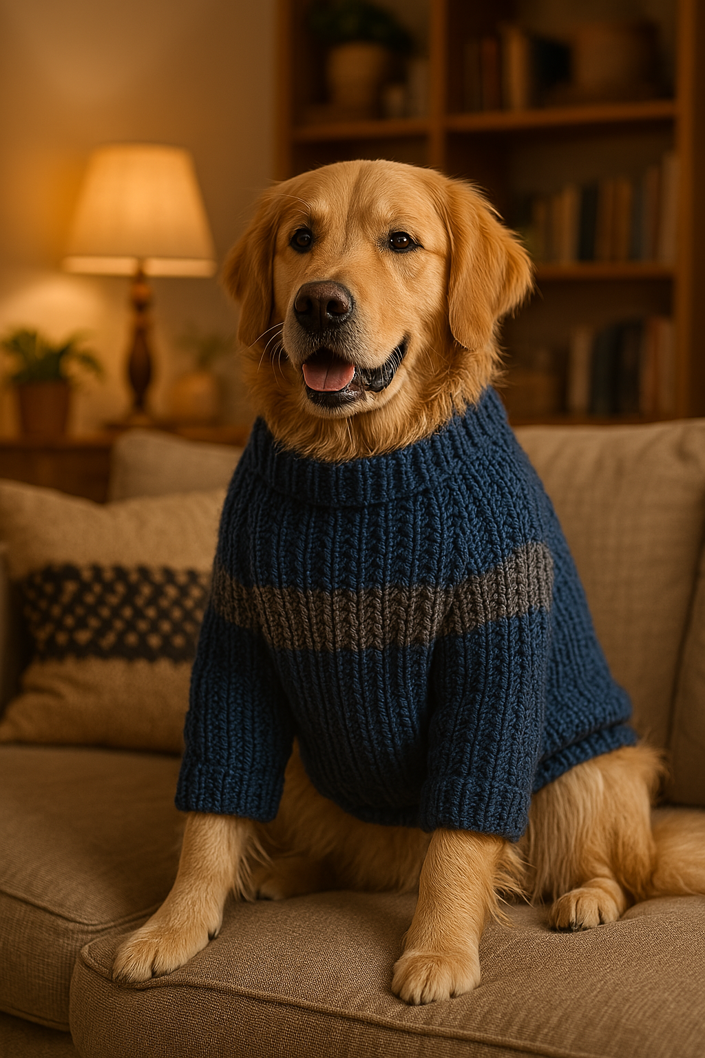 青いニットを着た犬の正面ショット