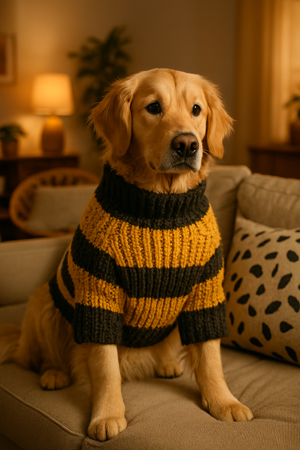 黄色い手編みセーターを着ている犬