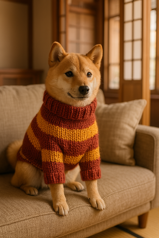 日本の手編み赤セーターを着た犬の写真