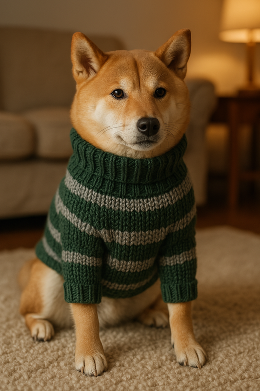 緑のセーターを着てくつろぐ犬